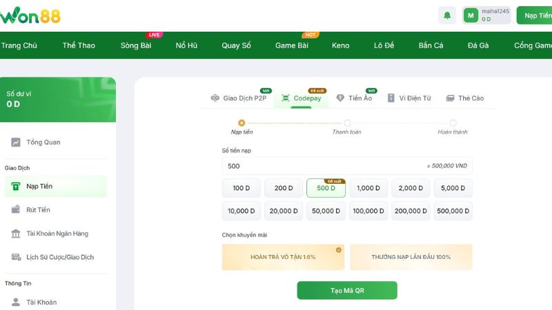 Nạp tiền Won88 bằng Codepay