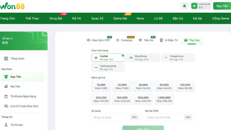 Nạp tiền Won88 bằng thẻ cào