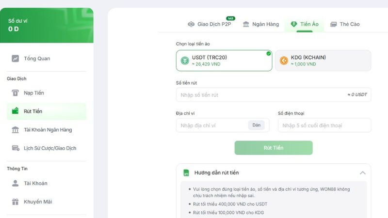 Rút tiền Won88 bằng tiền ảo